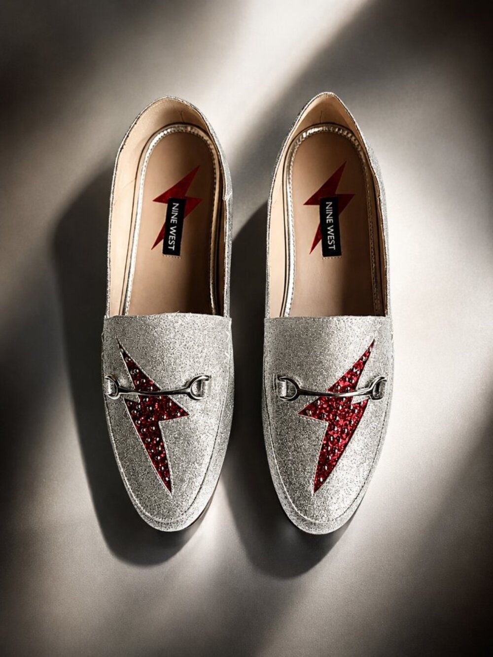 Nine West Wild Girls Ziggy Stardust Lightning Bolt Silver/Red Flat Loafer Shoes